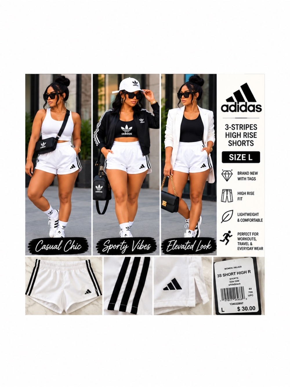 NWT Adidas Women’s 3-Stripes High Rise Shorts White Black L